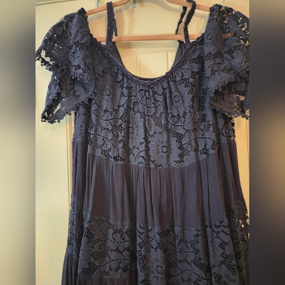 Robbie Lee Navy Blue Lace Dress Bare Shoulder Playful Chic 1X Romantic Sexy - Picture 3 of 13